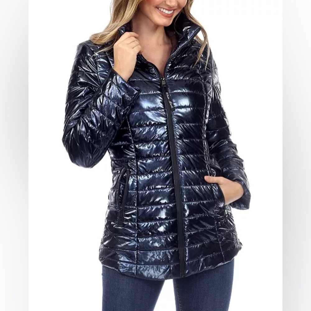 White Mark Women's Metallic Puffer Coat, Blue, Size L